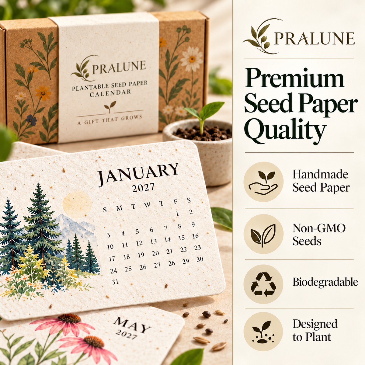 🌱Pralune® Seed Paper Calendar – 12 Months of Botanical Beauty