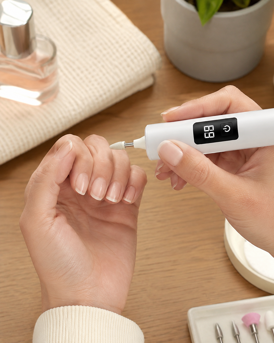 At-home manicure using electric nail drill