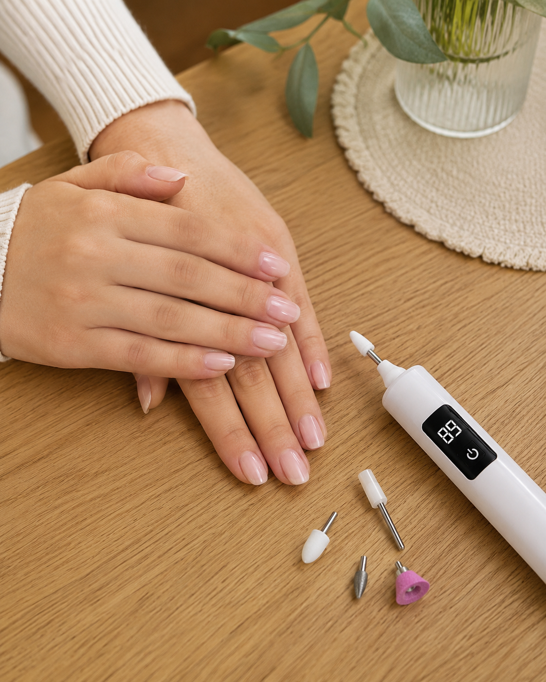 Finished natural nails beside nail drill