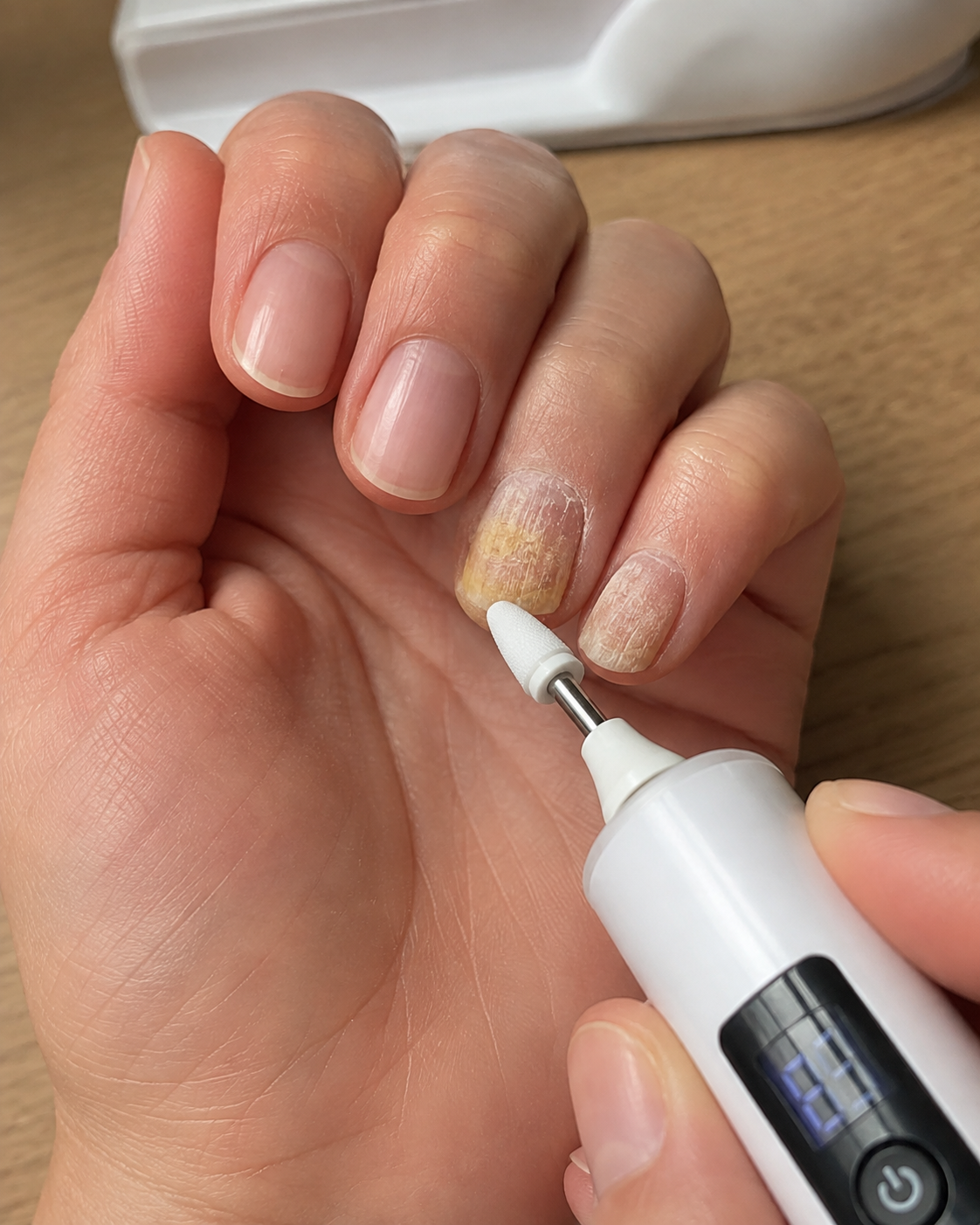 Electric nail drill smoothing rough fingernail surface