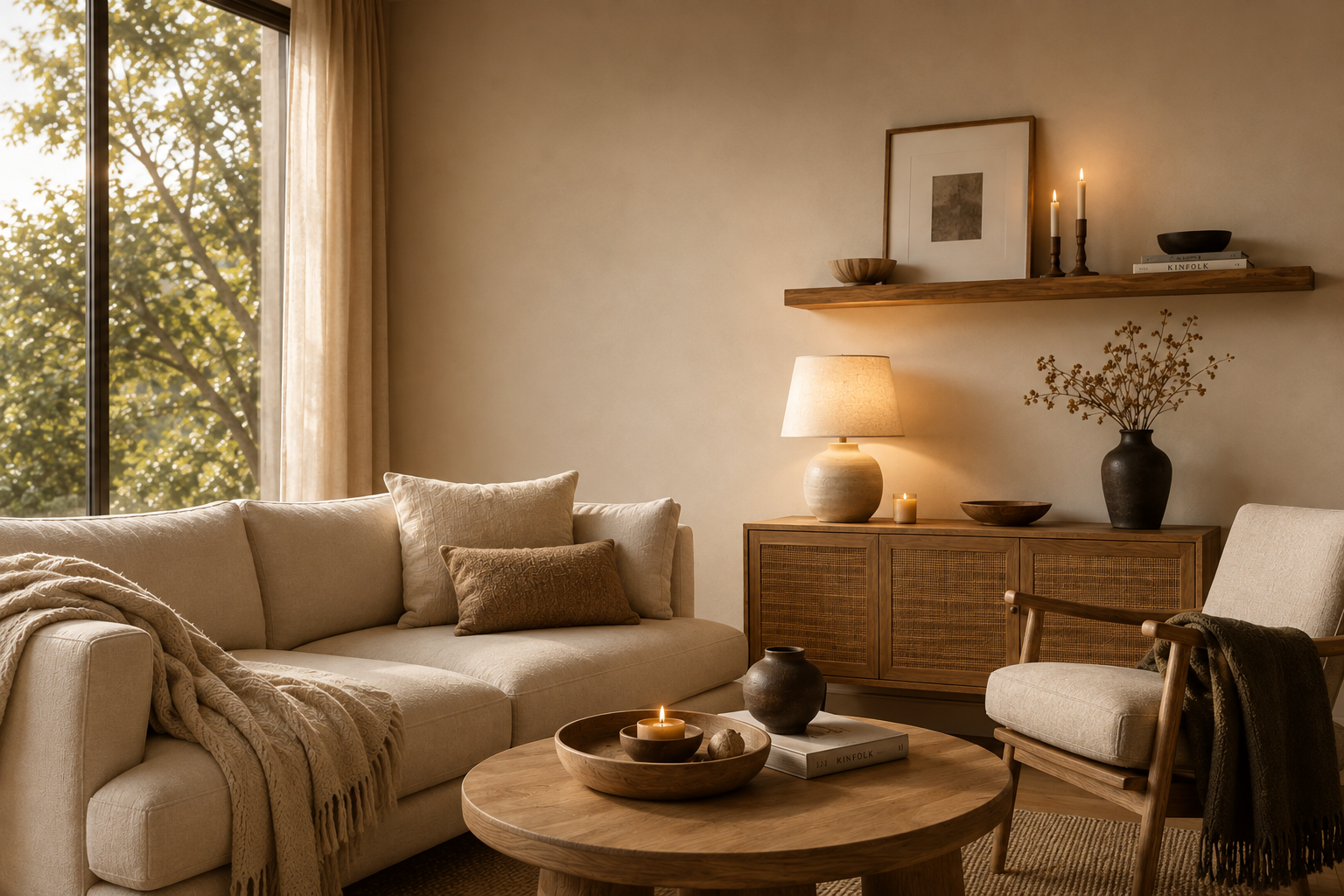 Warm natural living room with neutral furnishings and natural wood decor