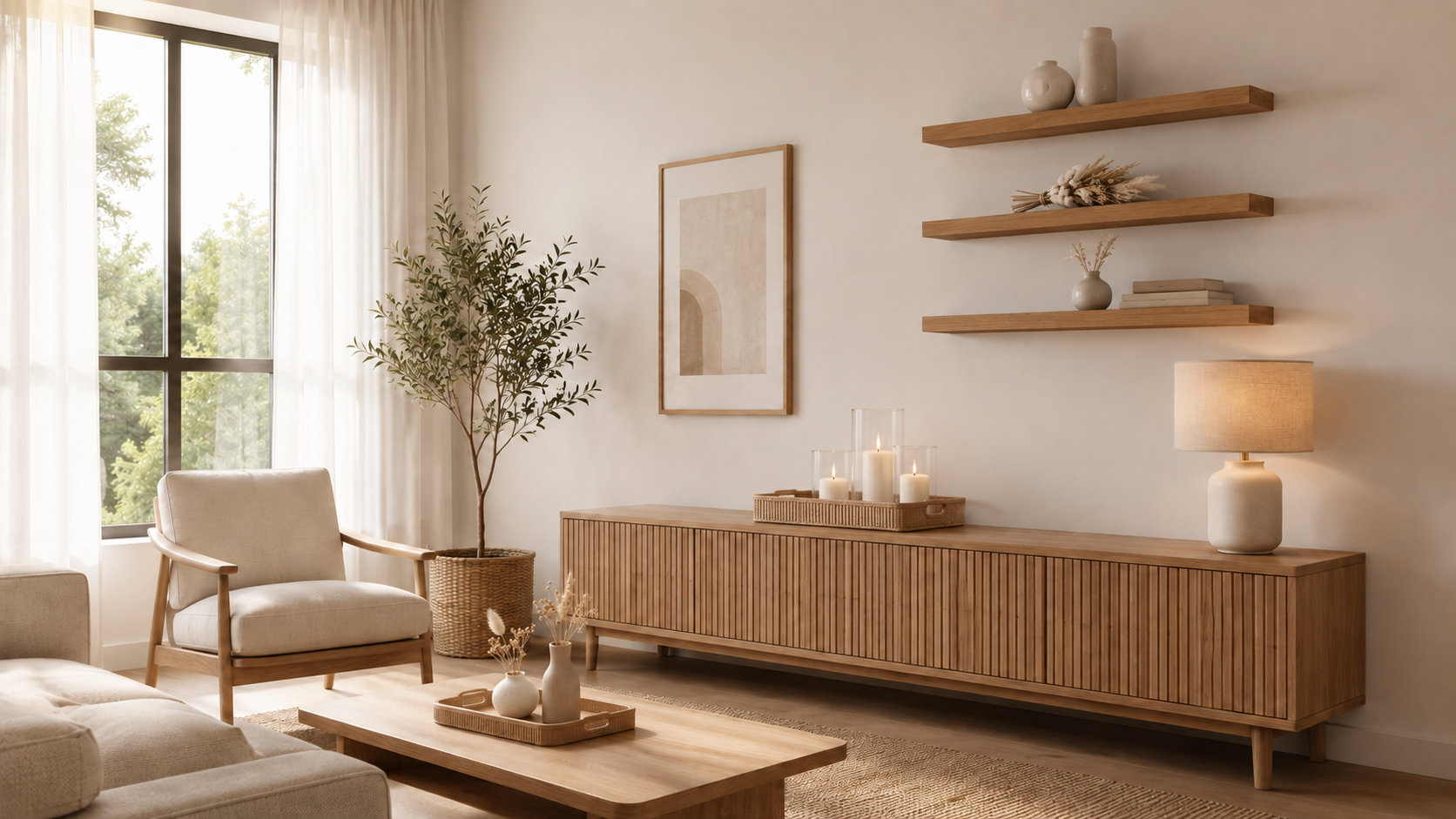 Warm natural living room after styling