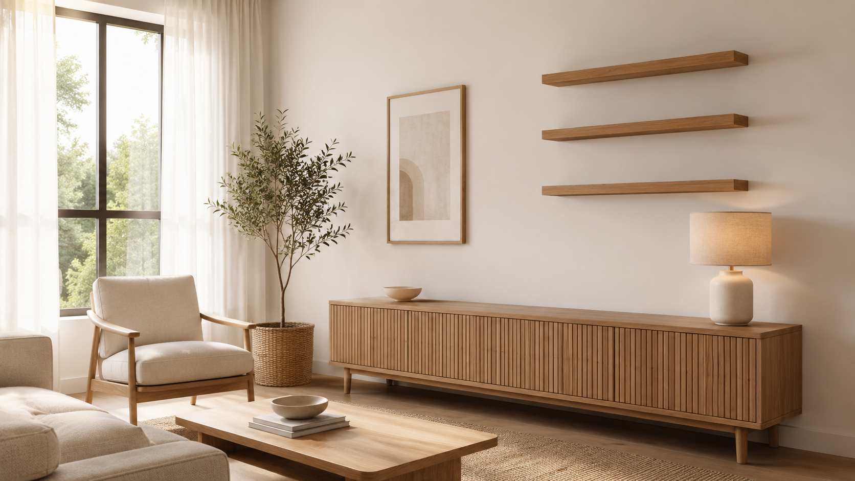 Warm natural living room before styling