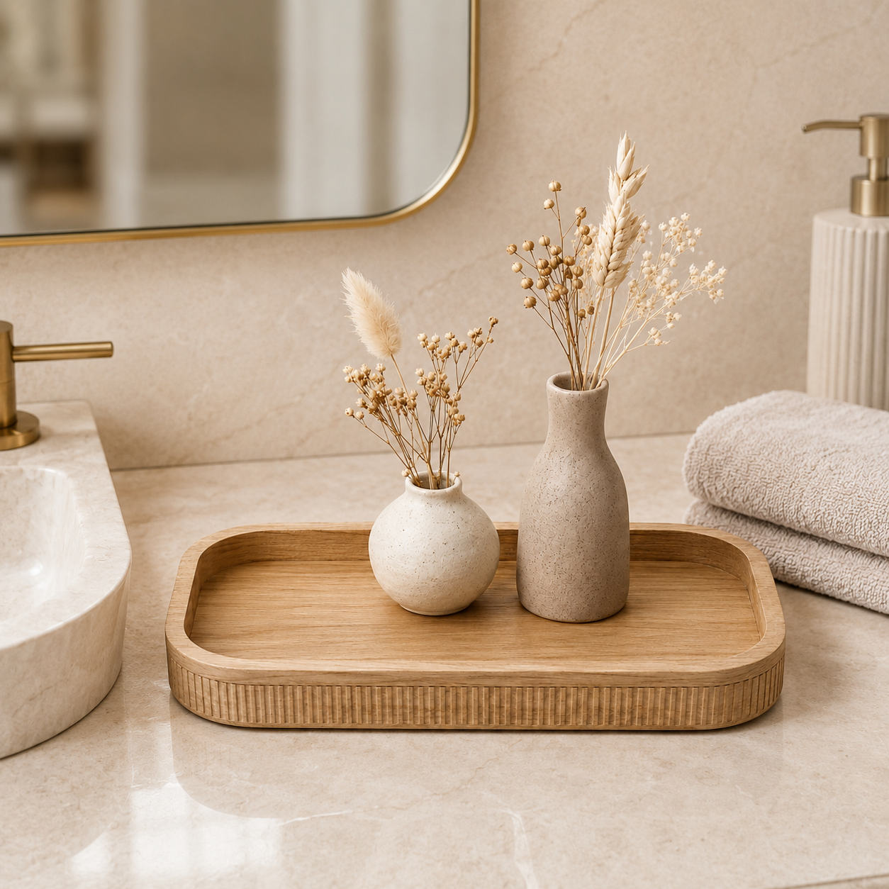 3-Piece Sculptural Vase & Decorative Tray Set – Warm Neutral Tabletop Decor