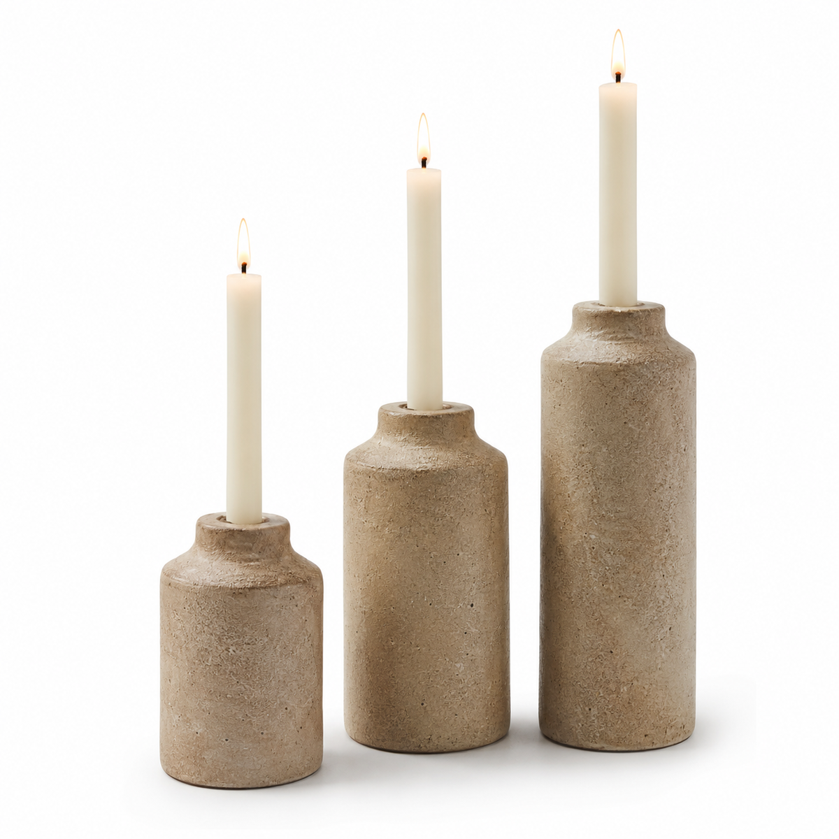 3-Piece Sculptural Taper Candle Holder Set – Textured Stone-Look Home Decor