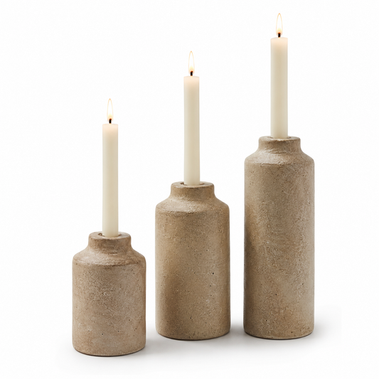 3-Piece Sculptural Taper Candle Holder Set – Textured Stone-Look Home Decor