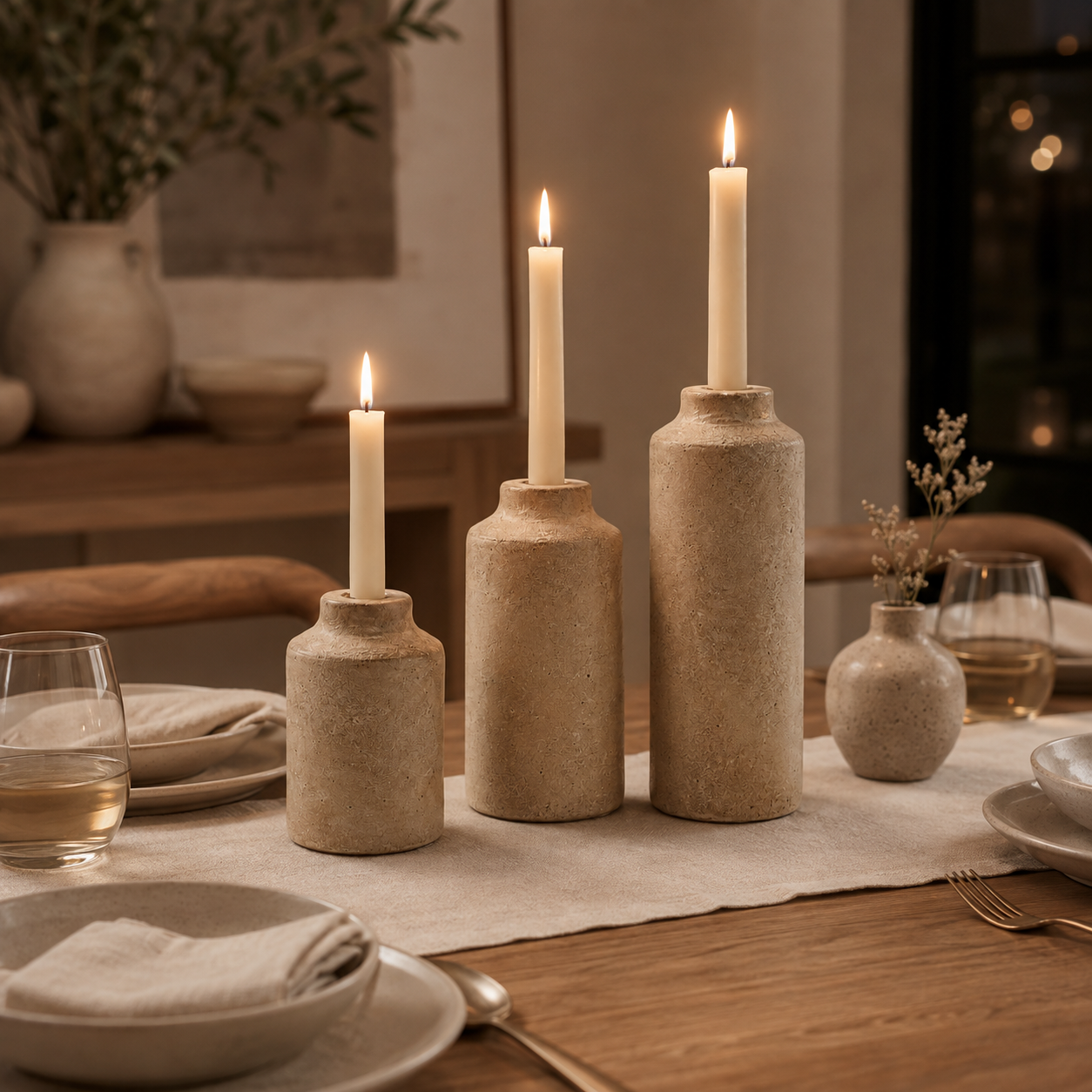 3-Piece Sculptural Taper Candle Holder Set – Textured Stone-Look Home Decor