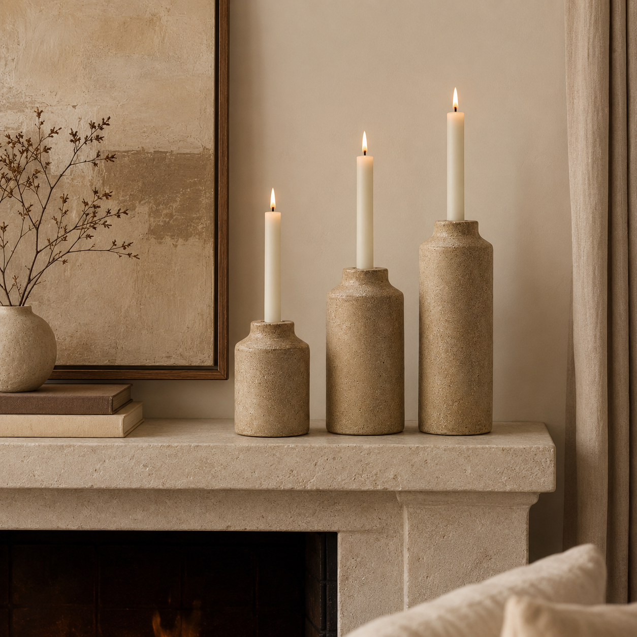 3-Piece Sculptural Taper Candle Holder Set – Textured Stone-Look Home Decor