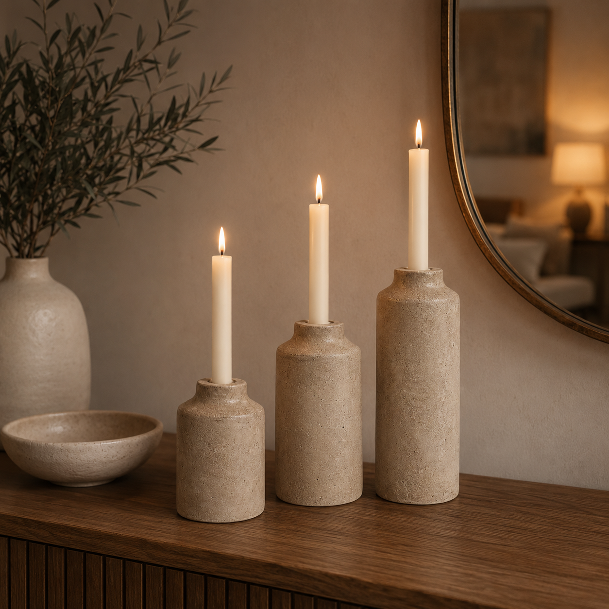 3-Piece Sculptural Taper Candle Holder Set – Textured Stone-Look Home Decor