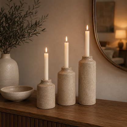 3-Piece Sculptural Taper Candle Holder Set – Textured Stone-Look Home Decor