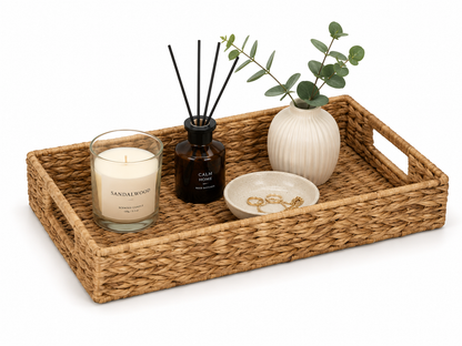 Natural Woven Decorative Tray – Rectangular Organizer with Cutout Handles