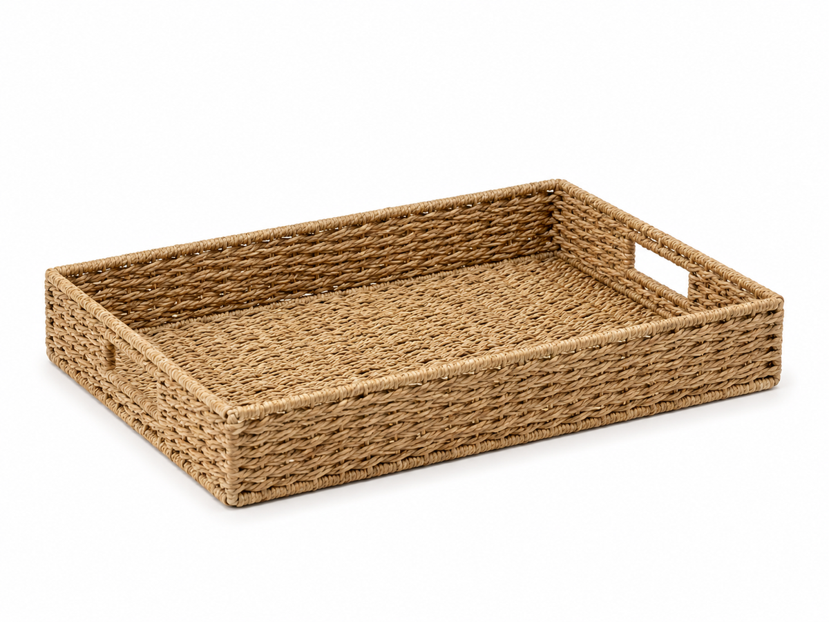 Natural Woven Decorative Tray – Rectangular Organizer with Cutout Handles