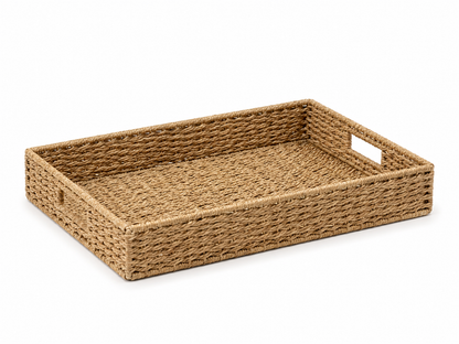 Natural Woven Decorative Tray – Rectangular Organizer with Cutout Handles