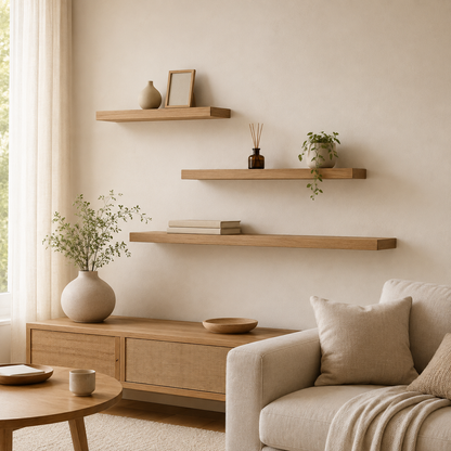 3-Piece Natural Wood Floating Wall Shelves – Minimalist Storage & Display Set